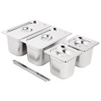 Ensemble de bacs GN 2x 1/3 et 2 x 1/6 en inox avec couvercles Vogue