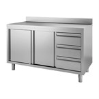Table armoire inox avec dosseret 3 tiroirs à droite et portes coulissantes Gastro M 850/900x1800x700mm