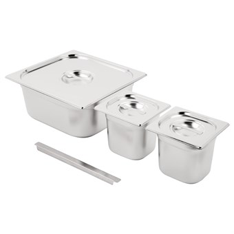 Ensemble de bacs GN 2 x 1/6 et 2/3 inox avec couvercles Vogue