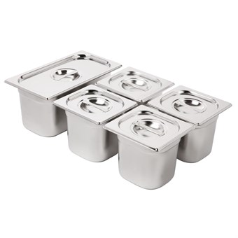 Ensemble de bacs GN 1/3 et 4 x 1/6 en inox avec couvercles Vogue
