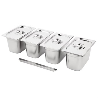 Ensemble de 4 bacs GN 1/4 en inox avec couvercles Vogue