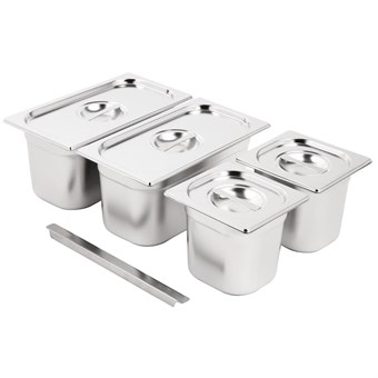 Ensemble de bacs GN 2x 1/3 et 2 x 1/6 en inox avec couvercles Vogue
