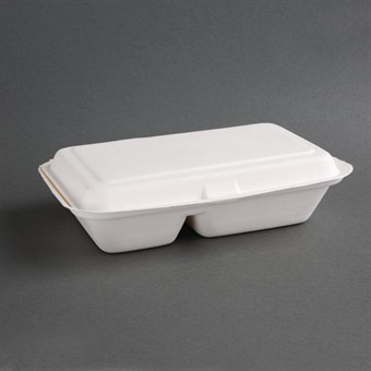 Boîtes 2 compartiments avec couvercle à charnière compostables en bagasse Fiesta Compostable 253mm (lot de 200)