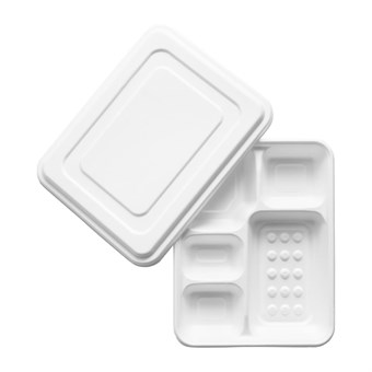 Plateaux repas 5 compartiments en bagasse avec couvercle Vegware (lot de 200)