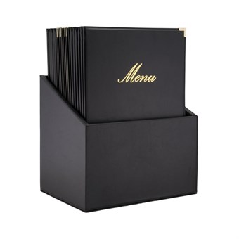 Boîte avec 20 protège-menus simili cuir A4x4 Securit Classic noirs