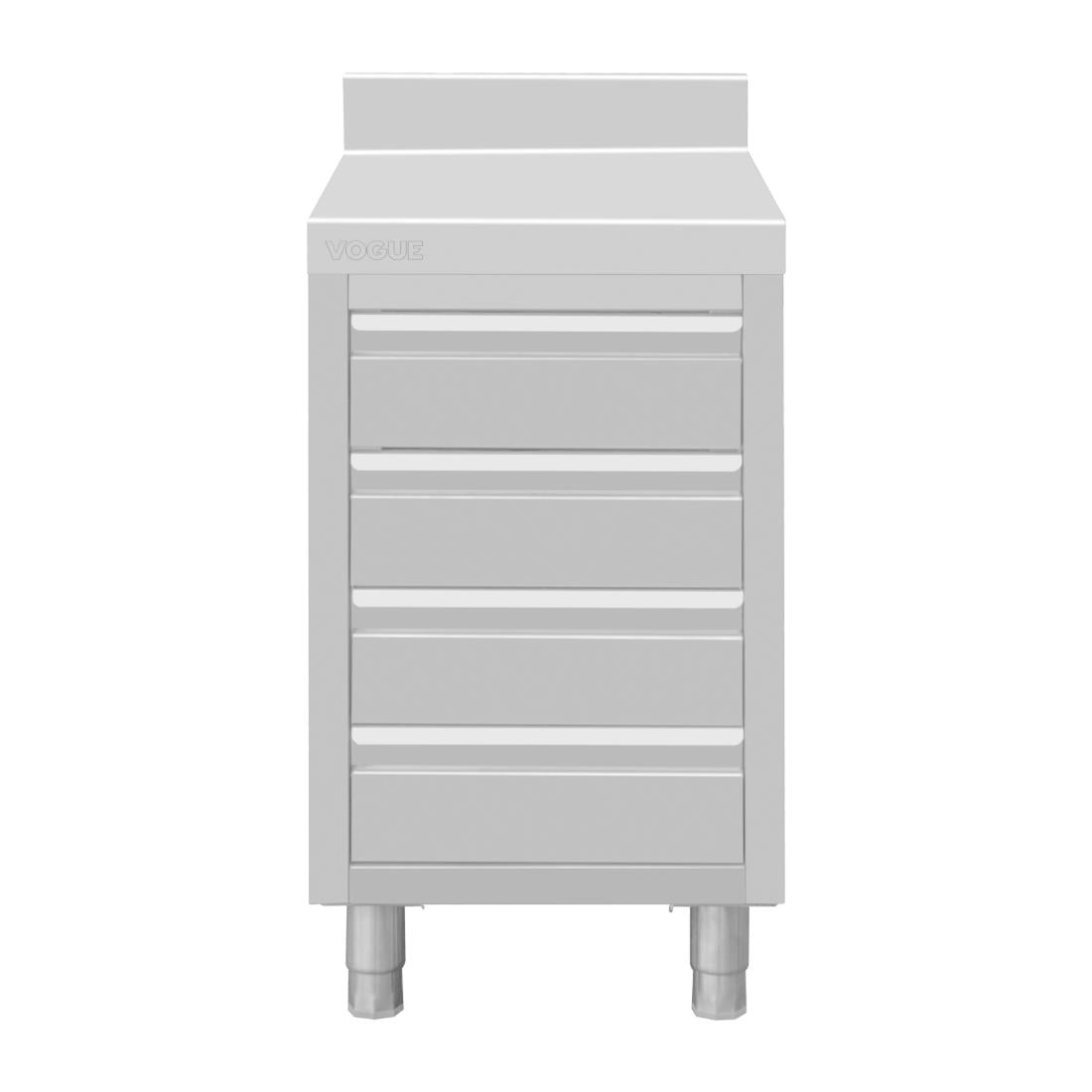 Plan de travail 4 tiroirs en inox Vogue avec dosseret de 100 mm DP276