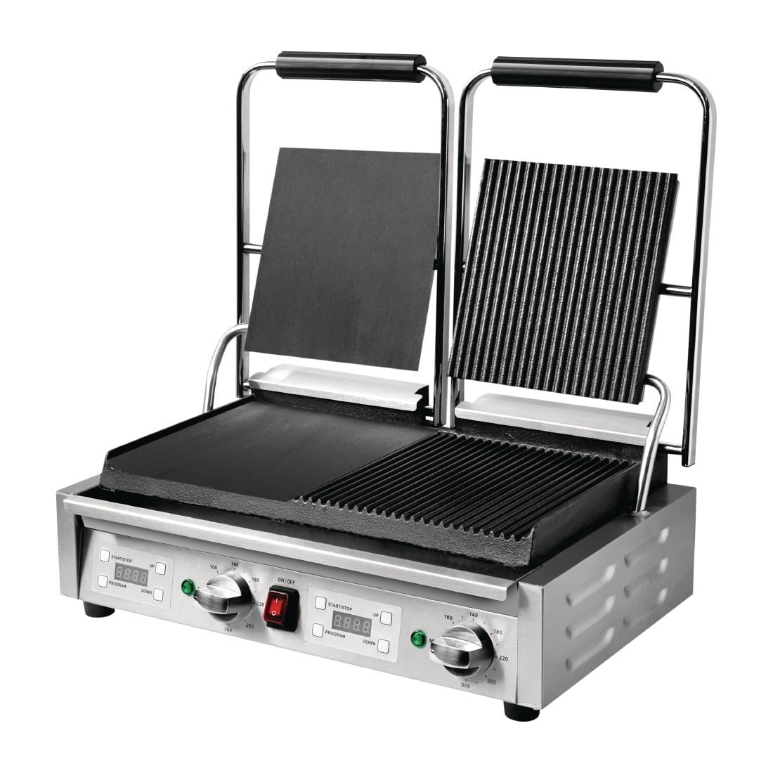 Gril de contact double Buffalo lisse à gauche/rainuré à droite FC386