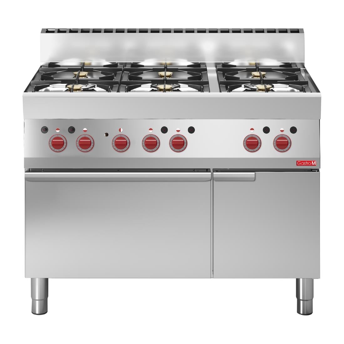 Fourneau 6 feux sur four électrique à convection avec placard ouvert Gastro M 65/110CFGE GN049