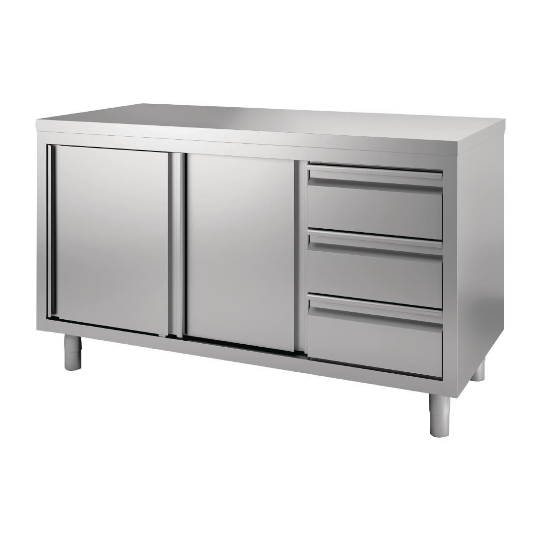 Table armoire inox avec portes coulissantes et 3 tiroirs à droite Gastro M 1600 x 700 x 850/900mm GN165