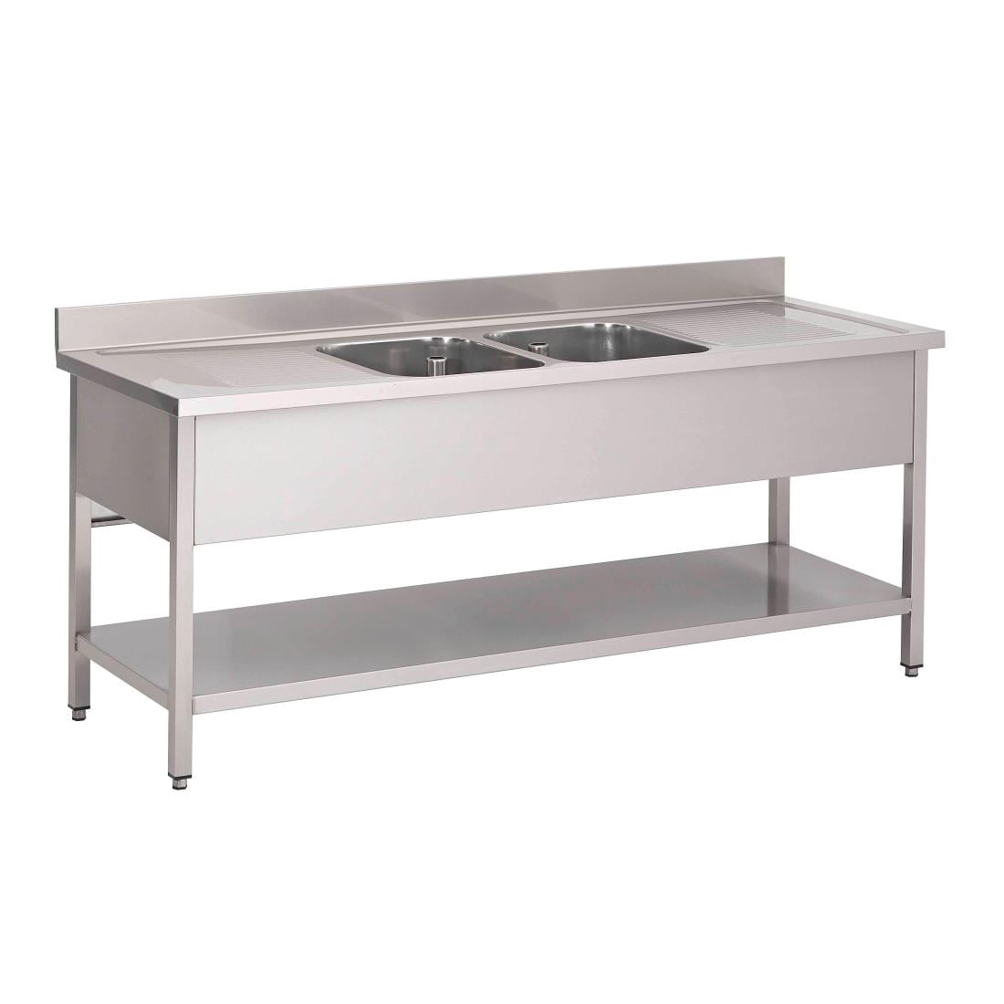 Plonge inox avec étagère basse Gastro M 2 bacs au centre 200 x 70 x 85 cm GN204